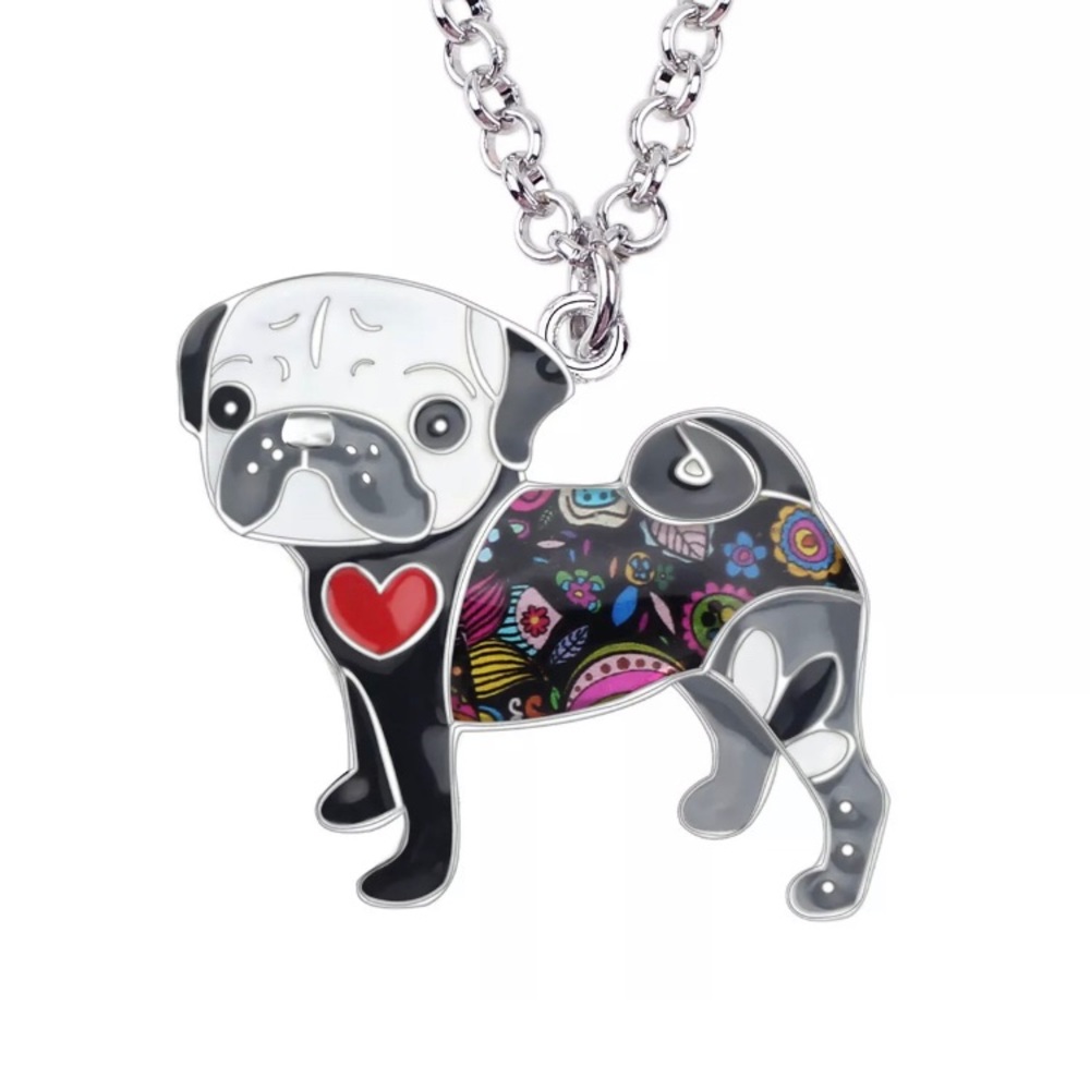 Enamel Pug Dog Puppy Pendant & 316 Stainless Steel Necklace